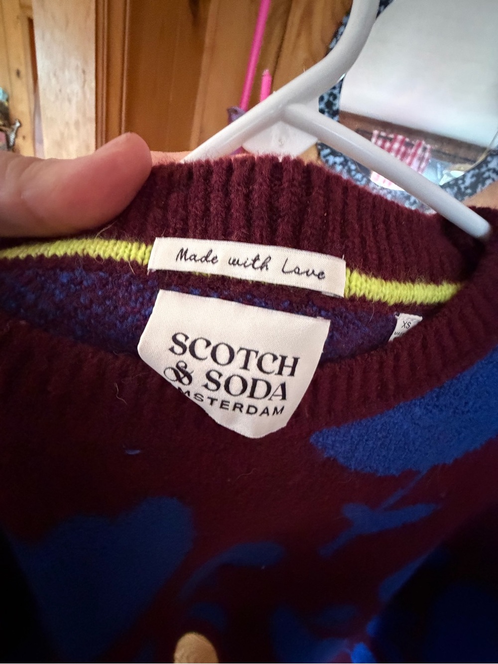 Scotch & Soda Burgundy Crewneck Sweater with Blue Pattern